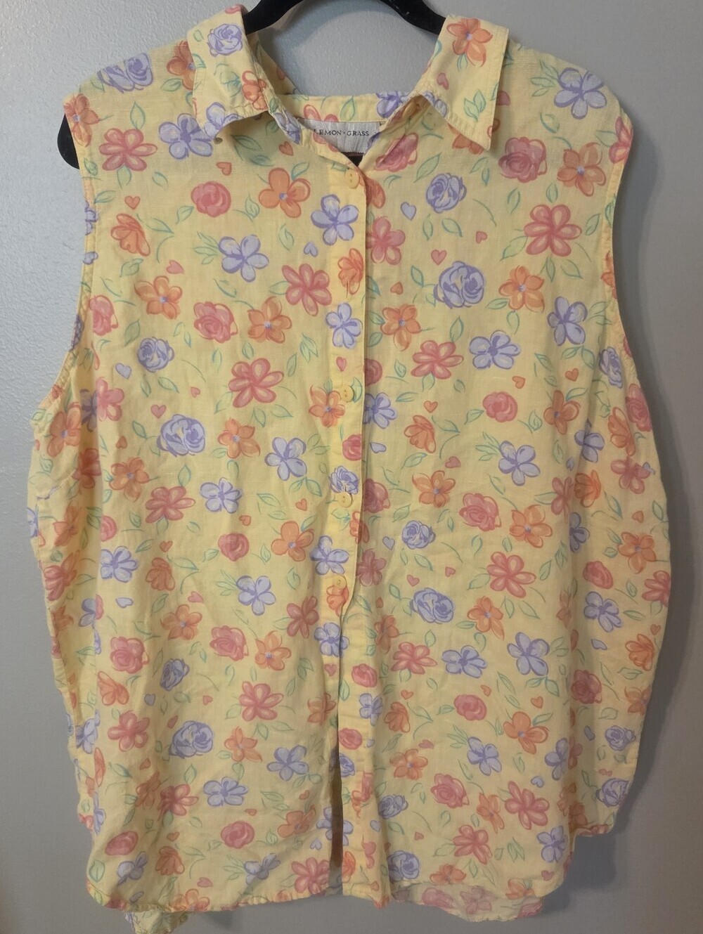 Lemon Grass Vintage Plus Size Yellow Floral Linen Button Up Shirt Sz 22W